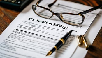 IRS Section 280Ag form with fountain pen and luxury glasses